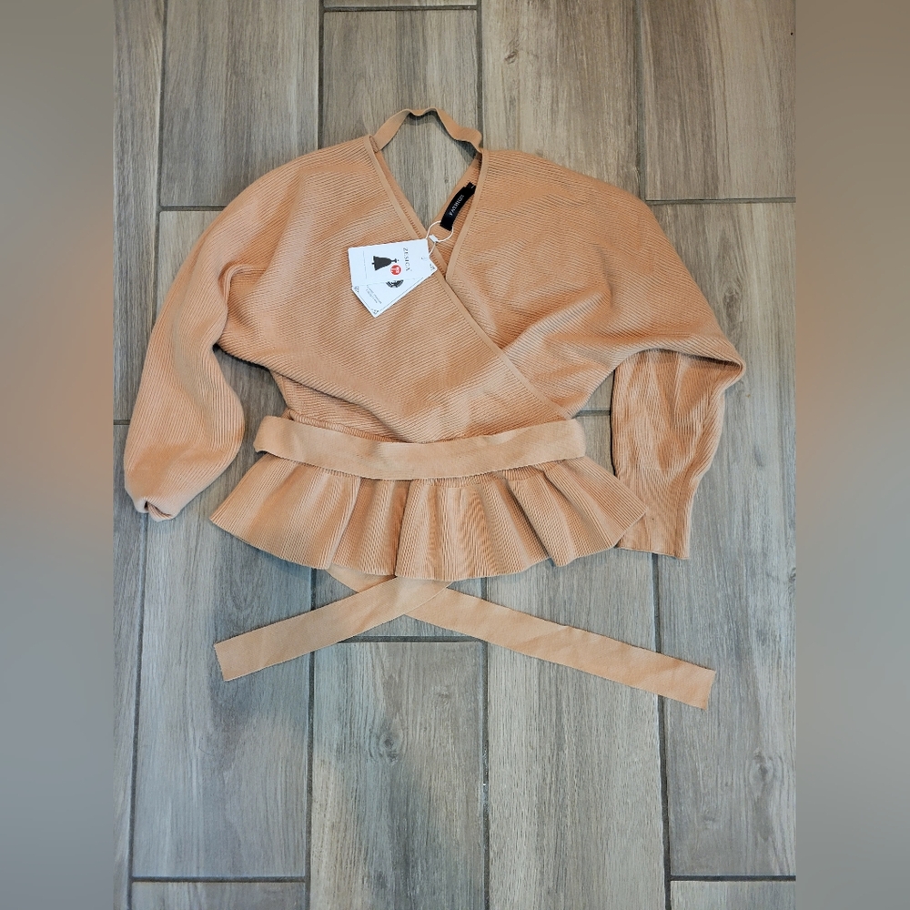 NEW ZESICA Fall Wrap V Neck Ruffle Knitted Sweater Pullover Top, Camel Color